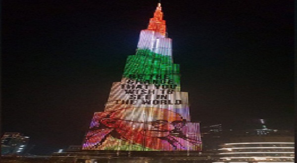 Burj Khalifa illuminated in honor of Mahatma Gandhi